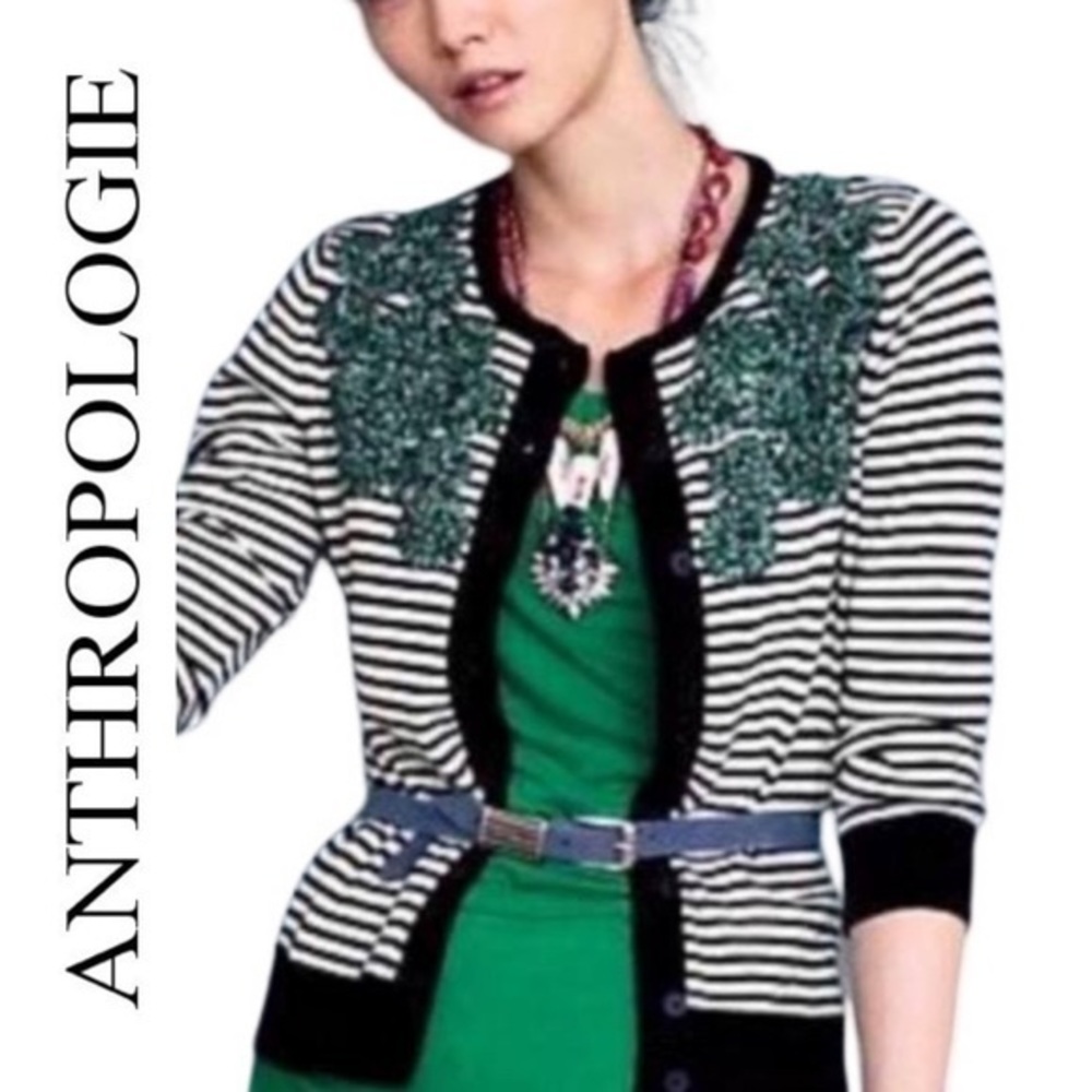Anthropologie Tabitha Black White Striped Cardigan Sweater With Crochet Flowers